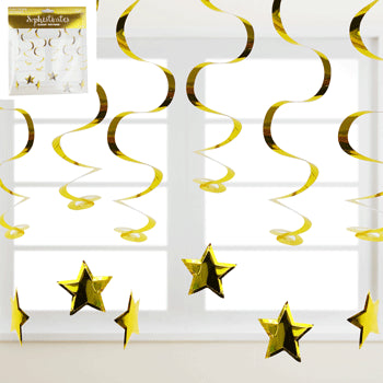 *6pk Metallic Gold Swirl Hanging Decoration w/Star